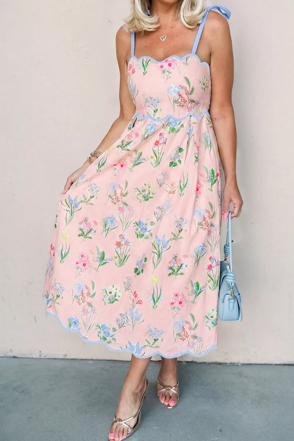 Floral Print Contrast Trim Self-tie Straps High Waist Midi Dress