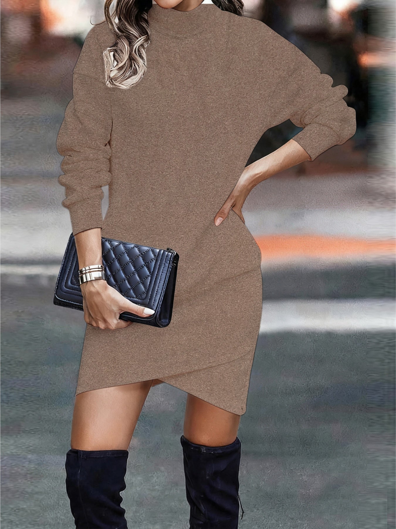 Turtleneck Long Sleeve Asymmetrical Hem Mini Dress