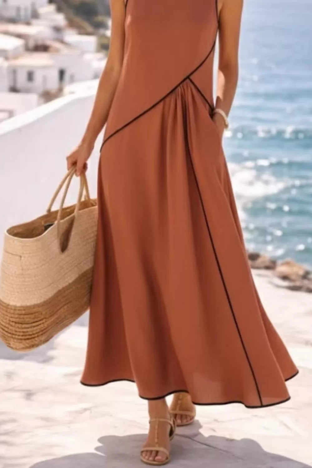 Sleeveless Casual Maxi Dress with Contrast Trim