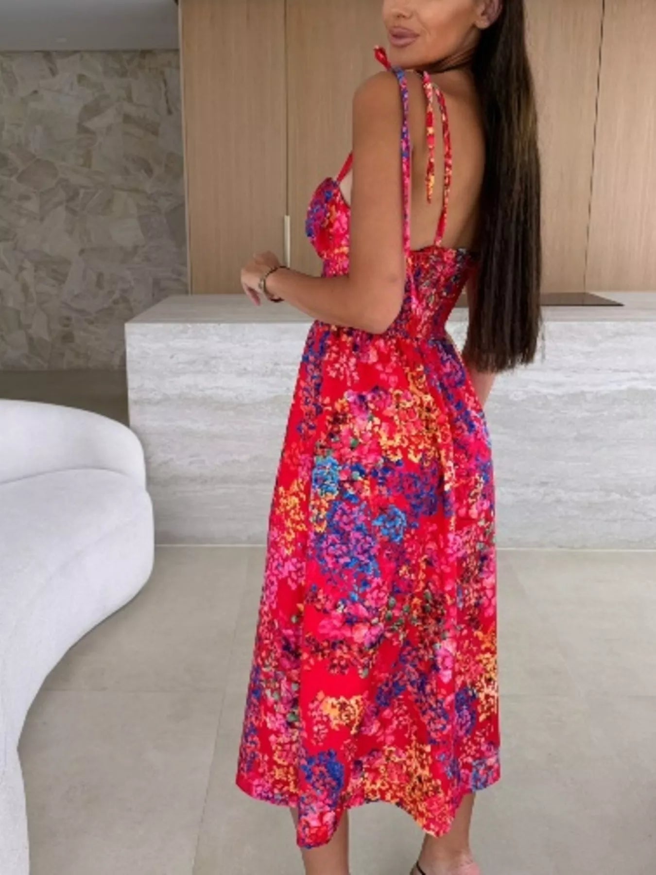 Printed Tie-Strap Midi Dress