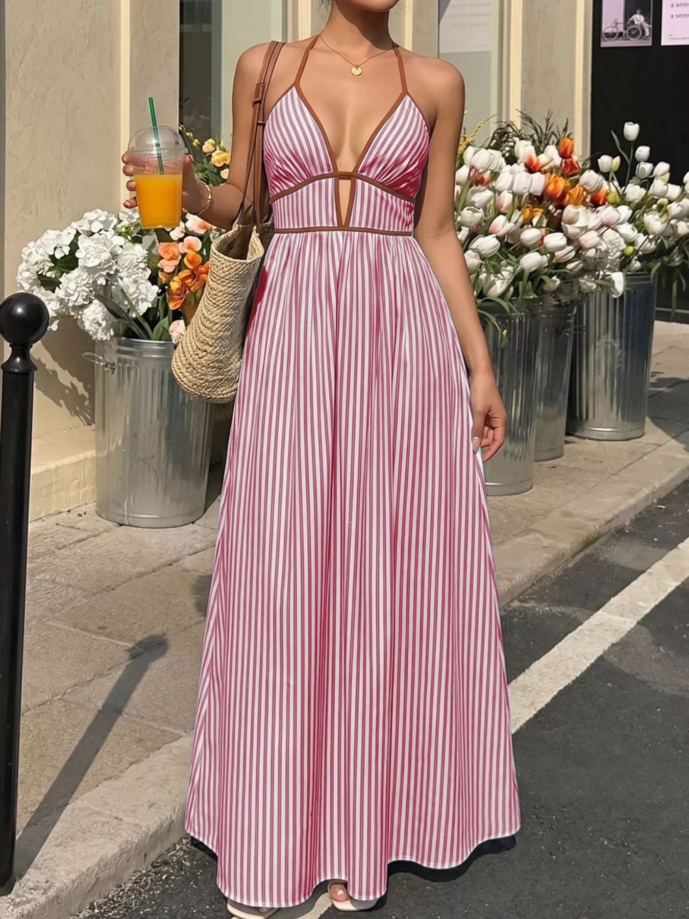 Striped Halter Neck Maxi Dress