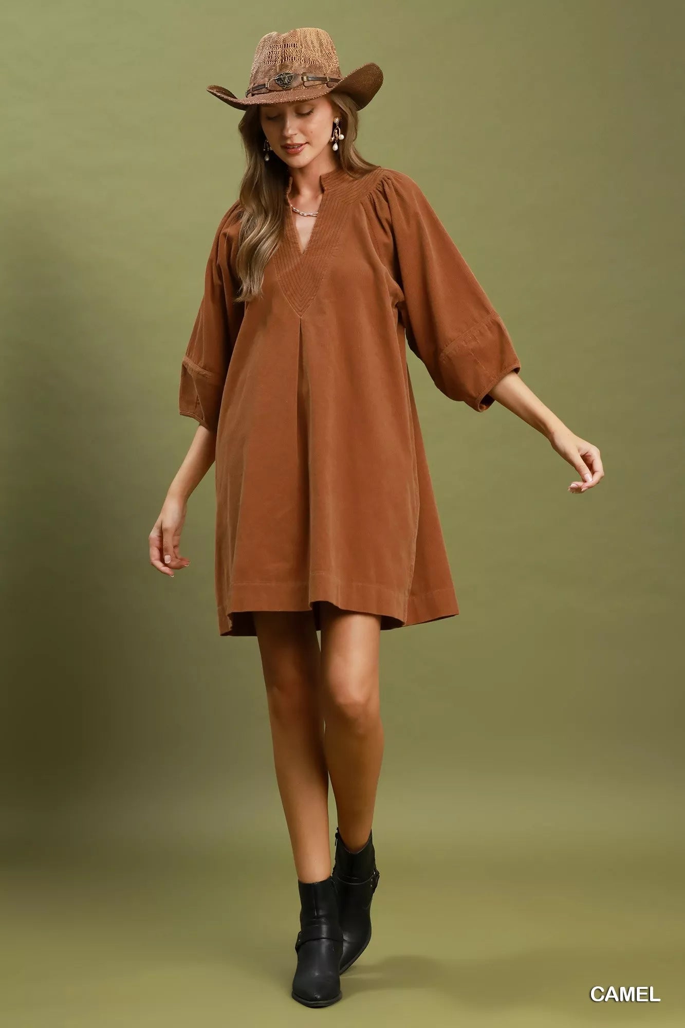 Umgee Corduroy V-Neck Puff Sleeve Shift Dress with Pockets