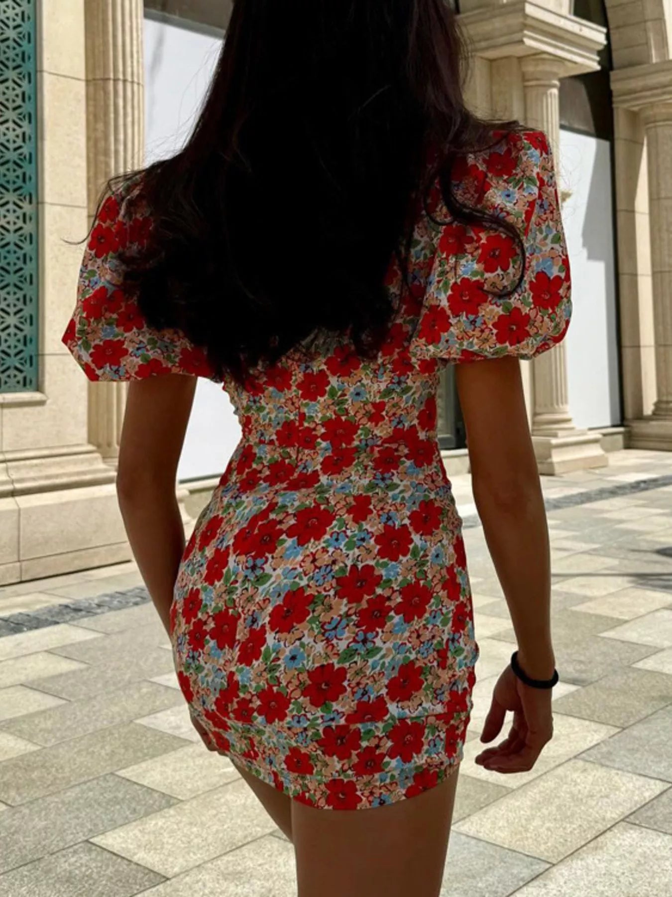 Ruched Floral Print Puff Sleeve Mini Dress