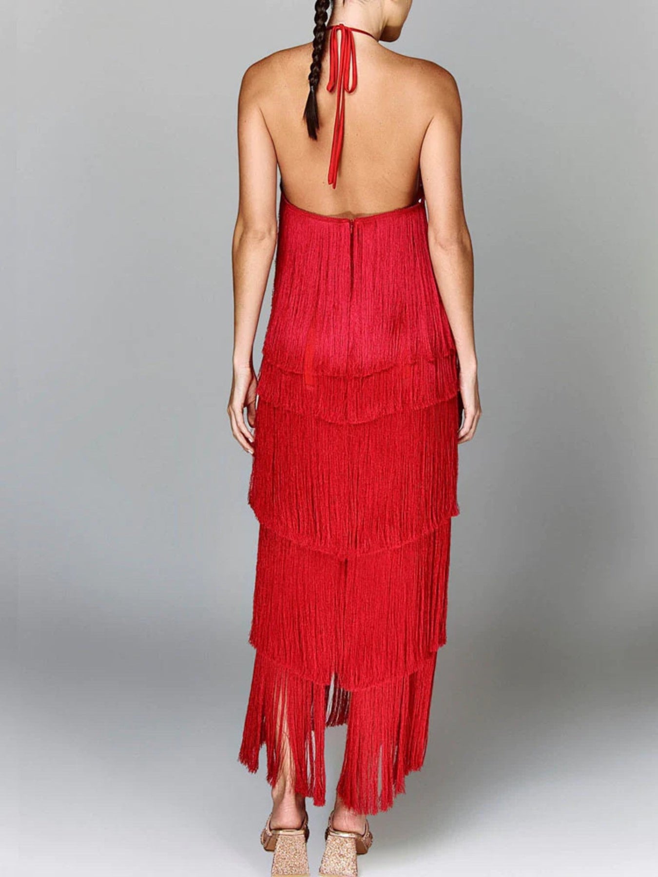Fringe Halter Neck Maxi Dress