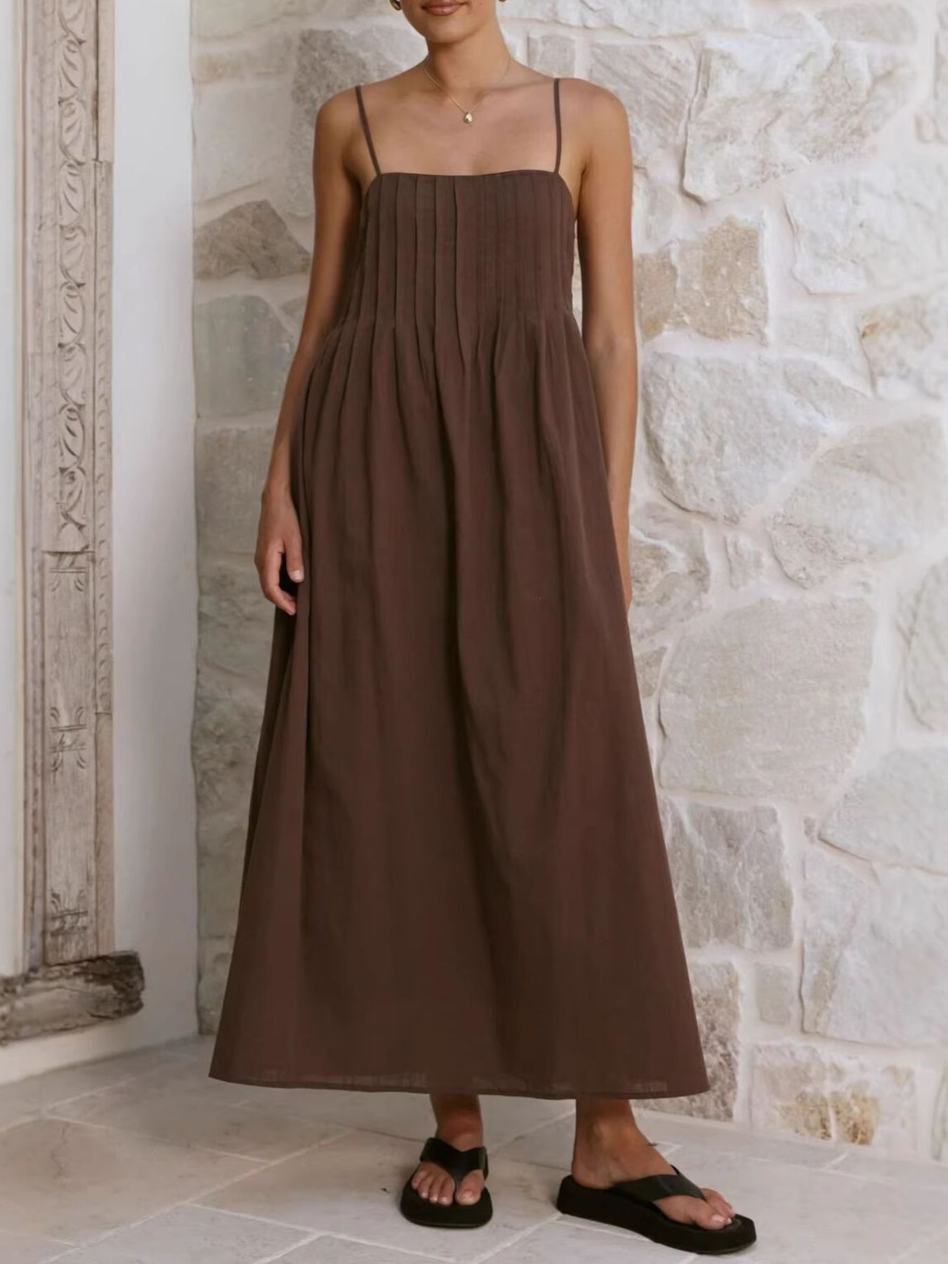 Pleated Bodice Midi Cami Dress
