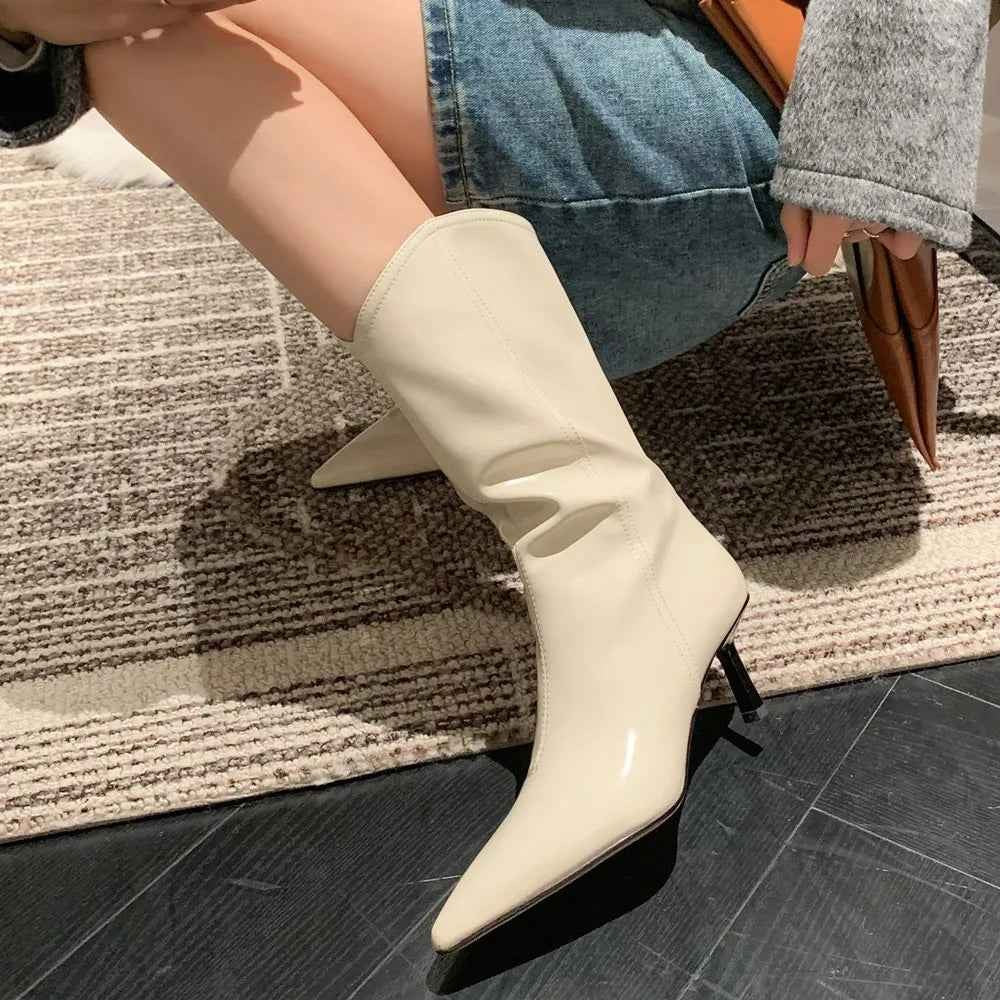 Fashion Western Women Mid-Calf Boots Pointed Toe Thin High Heels Office Lady Shoes Woman Genuine Leather Autumn Winter