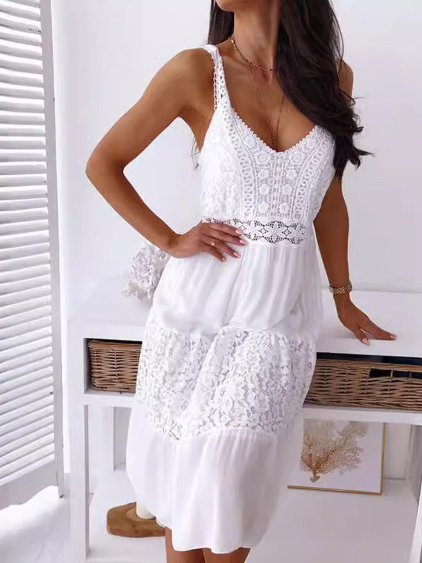 Full Size Lace Trimmed V-Neck Tiered Cami Dress Plus Size