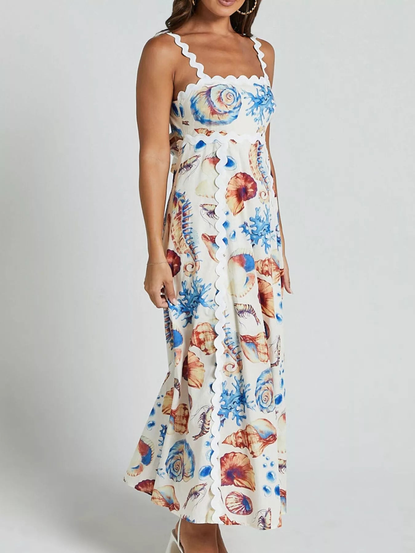 Seashell Print Scalloped Midi Dress