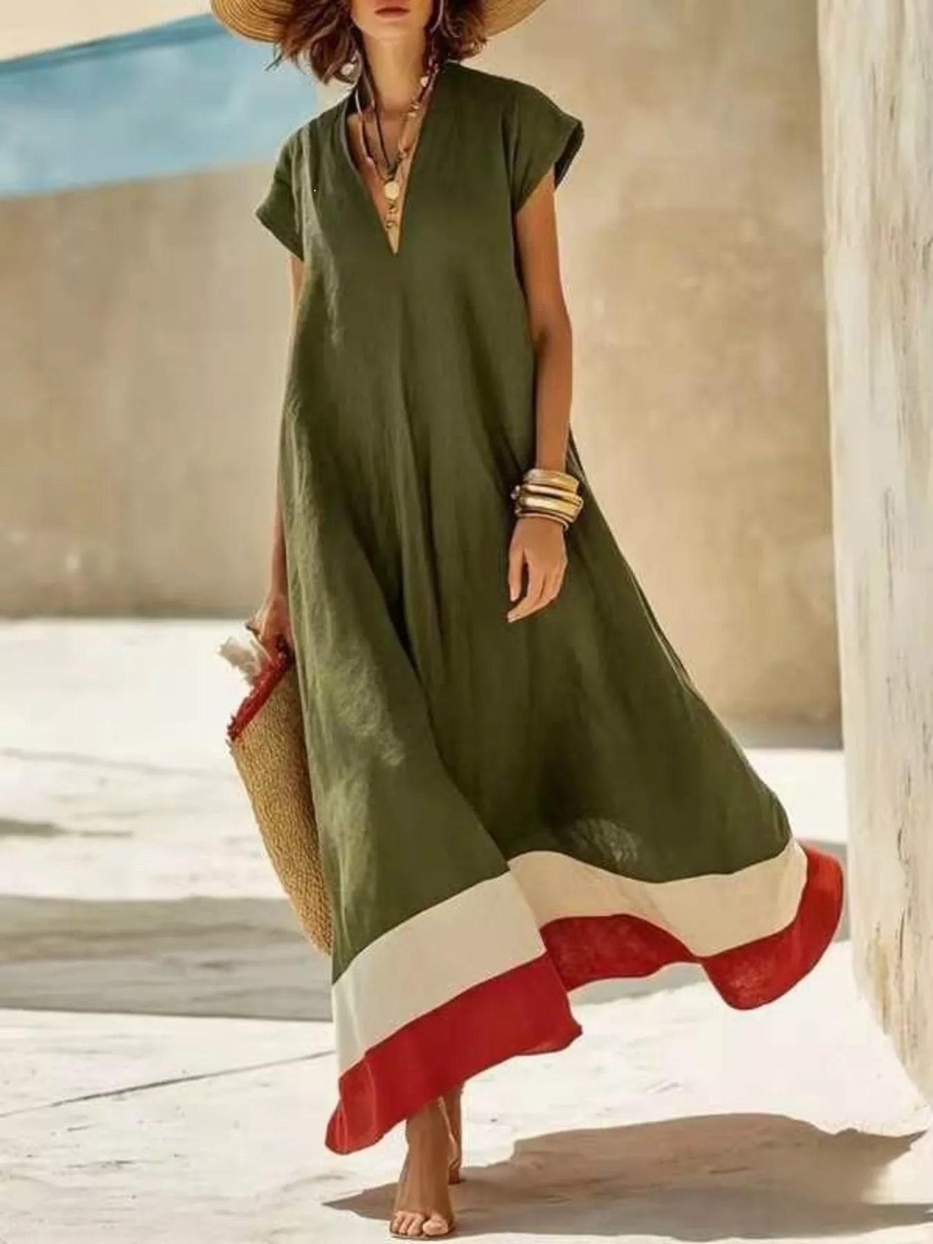 Color Block Hem V-Neck Maxi Dress
