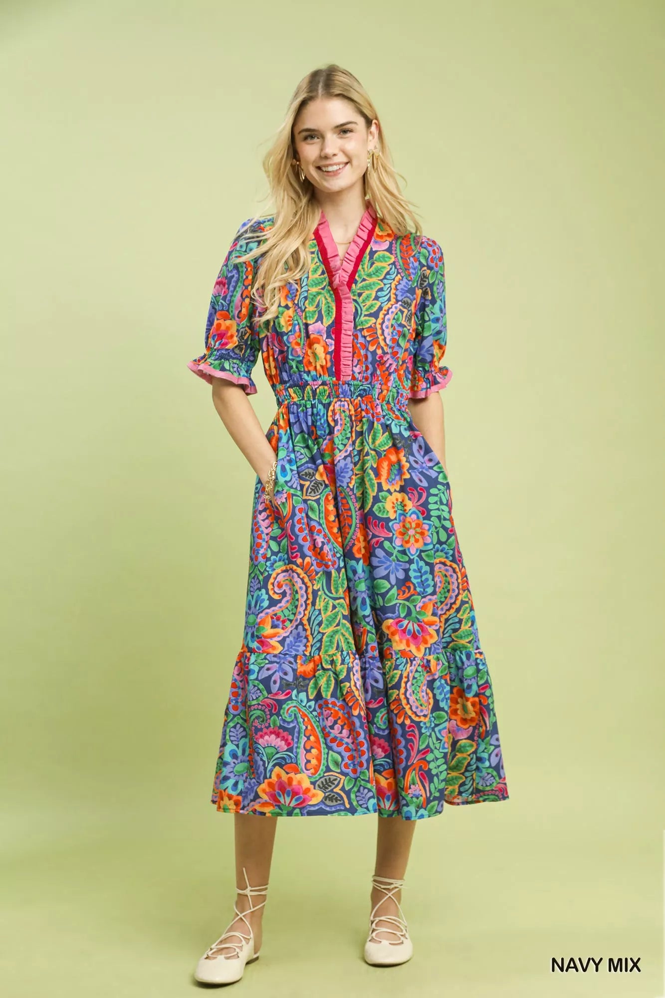 Umgee Mix Floral Midi Dress with Ruffle Trim