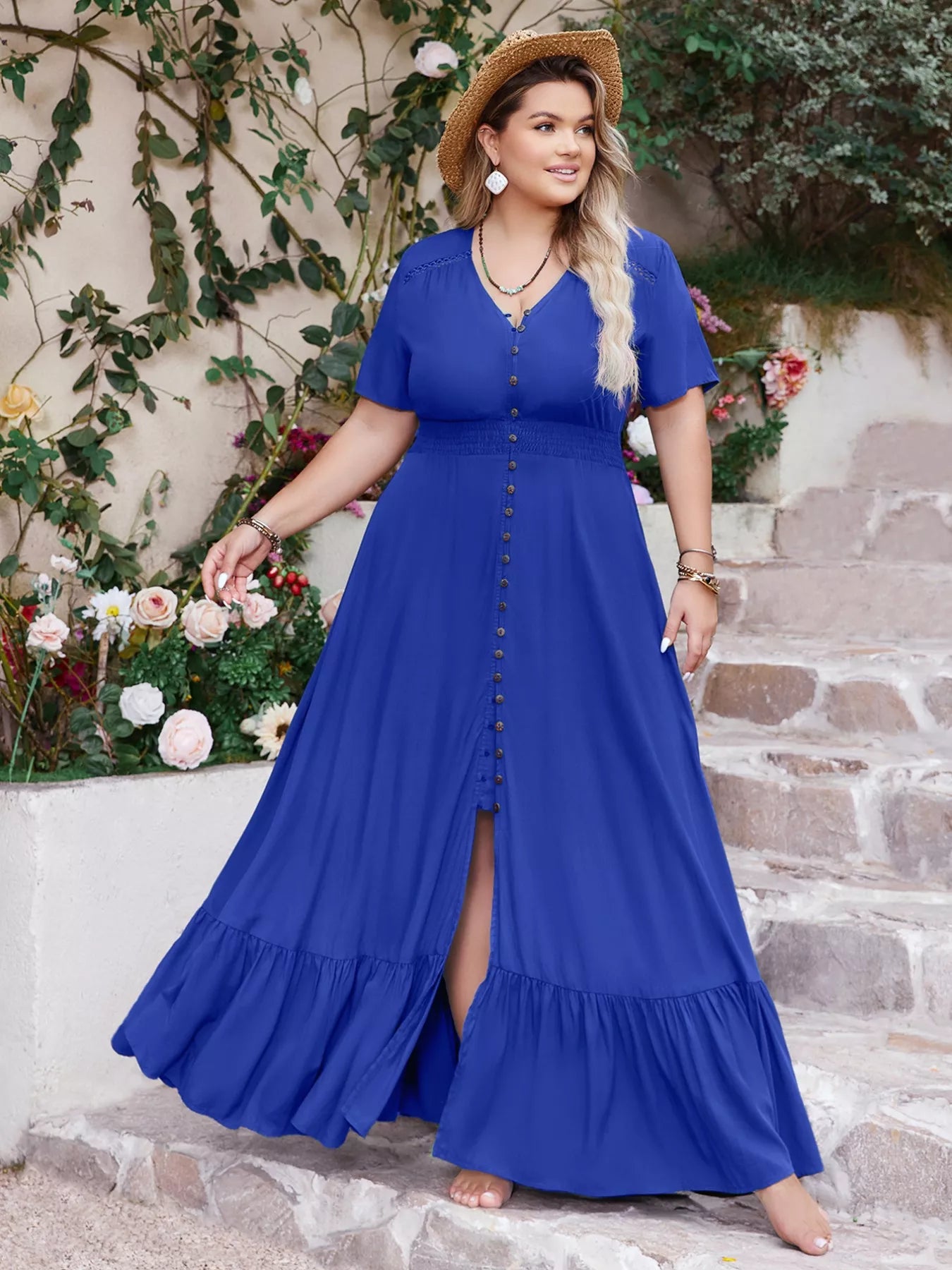 Plus Size Ruffled Hem V-Neck Maxi Dress