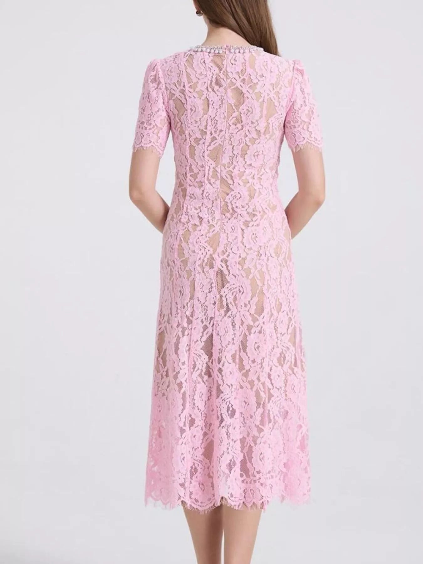 Lace Pearl Neckline Midi Dress