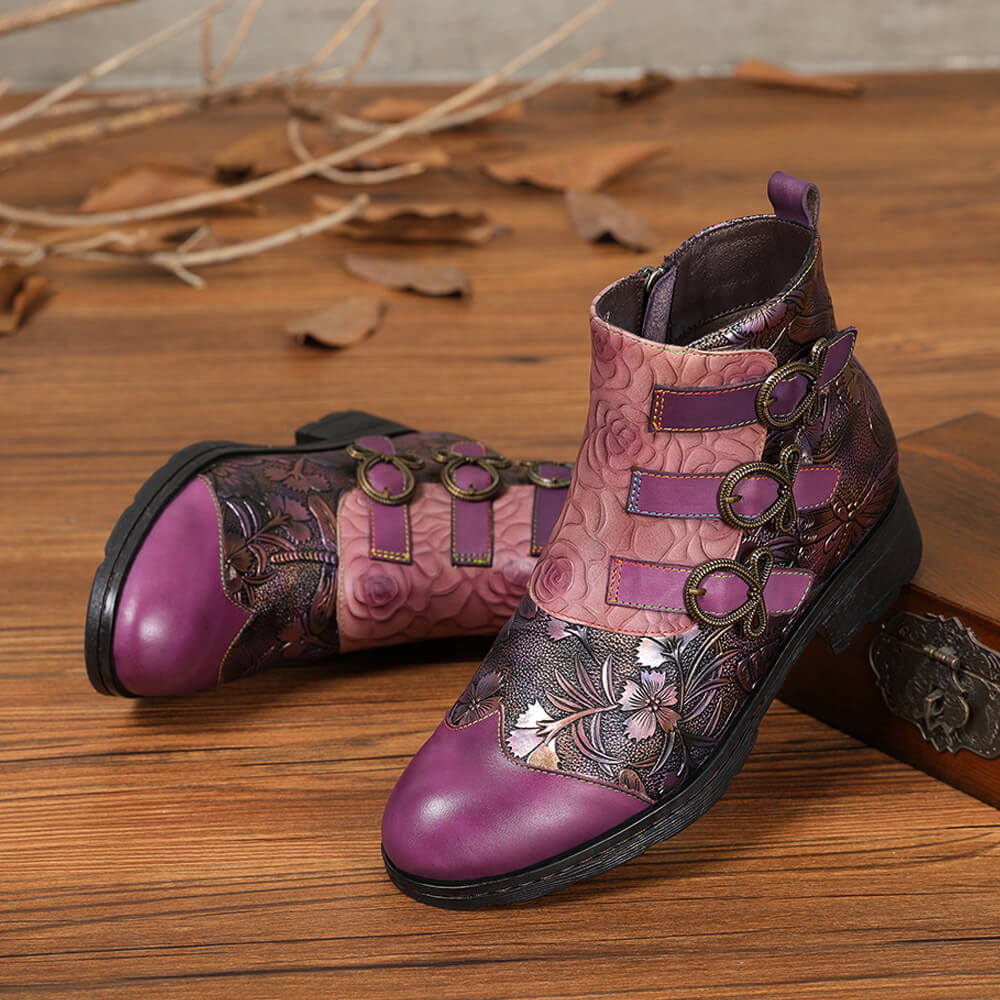 Retro Handmade Leather Painted Floral Flats Boots