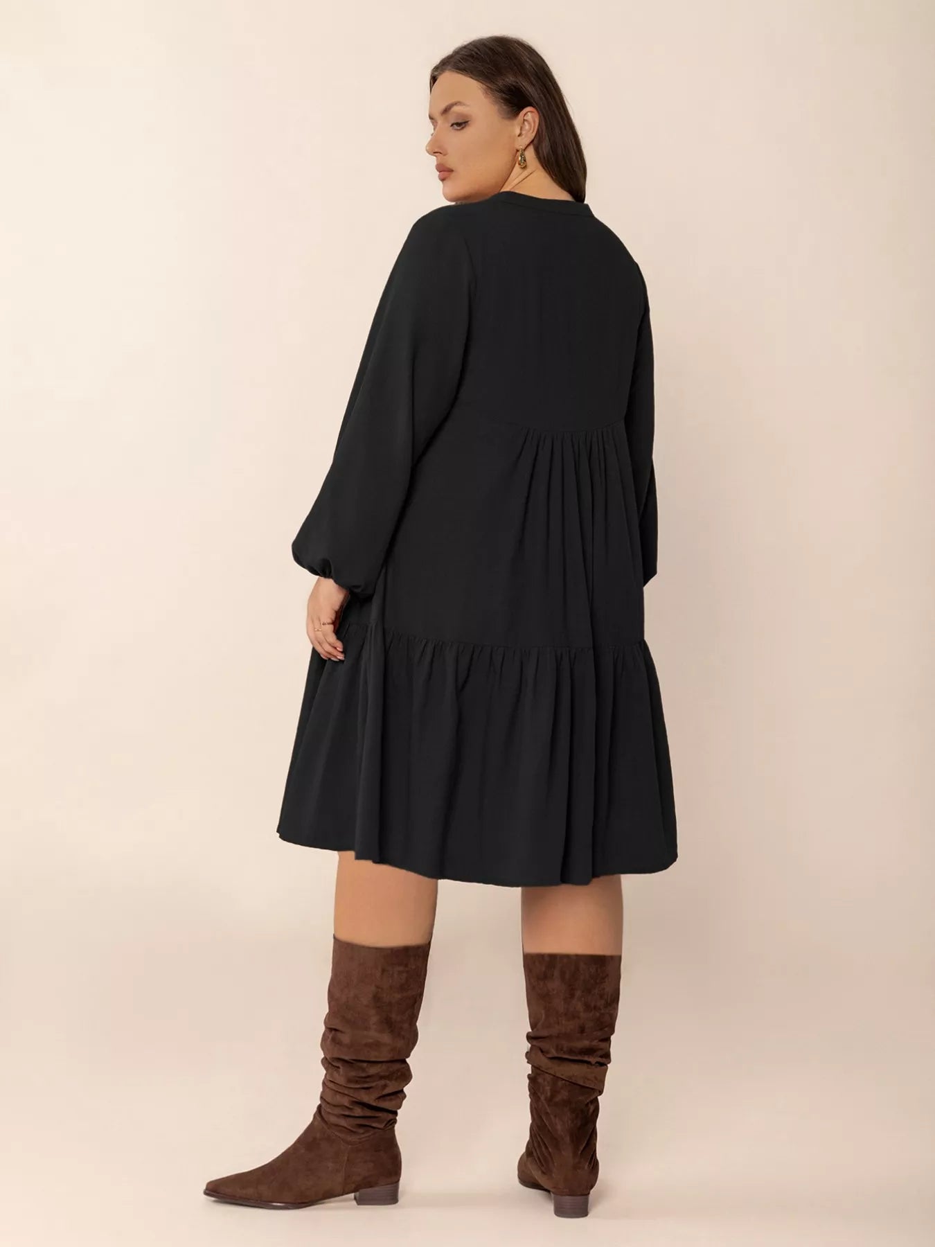 Plus Size Button Front Balloon Sleeve Dress