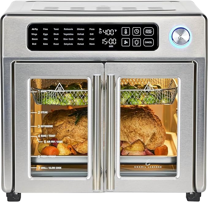 Emeril Lagasse 26QT French Door Multi-Function Air Fryer Toaster Oven | 26QT air fryer oven with French doors, 24 cooking functions, dual-speed fan and rotisserie for easy family meals.