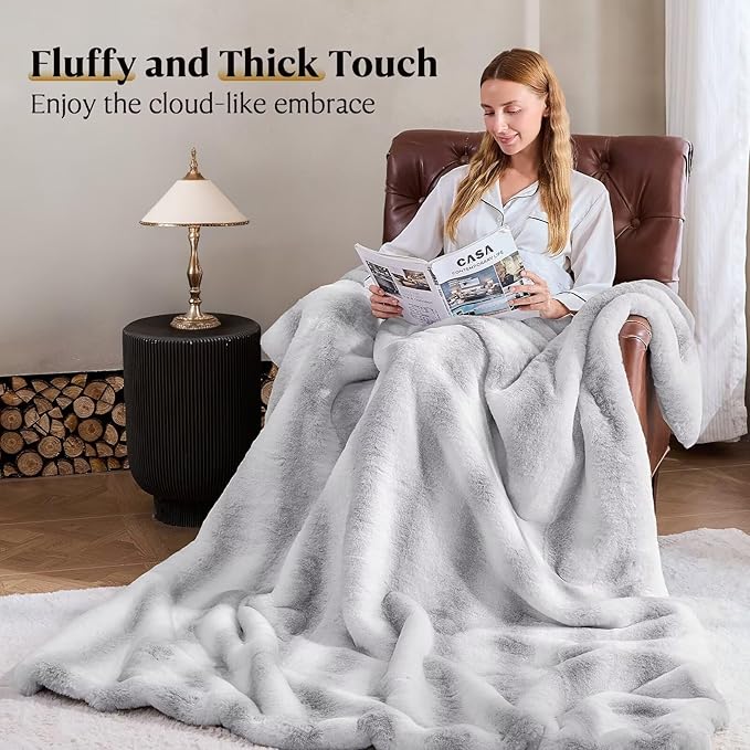 Luxury Faux Fur Blanket - Soft Warm Plush Blankets for Couch Sofa Bed, Fluffy Thick Throws for Bedroom, Office, Living Room, Decorative Reversible, Not Easy to shed- 50"x60", Grey/White