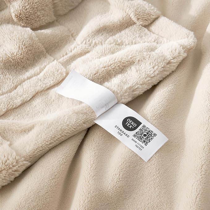 Cozy Bliss Checkered White Faux Rabbit Fur Throw Blanket, Soft Fuzzy Fluffy Minky Cream Furry Blankets for Couch, Bed (Tan, Queen(90" x 90")