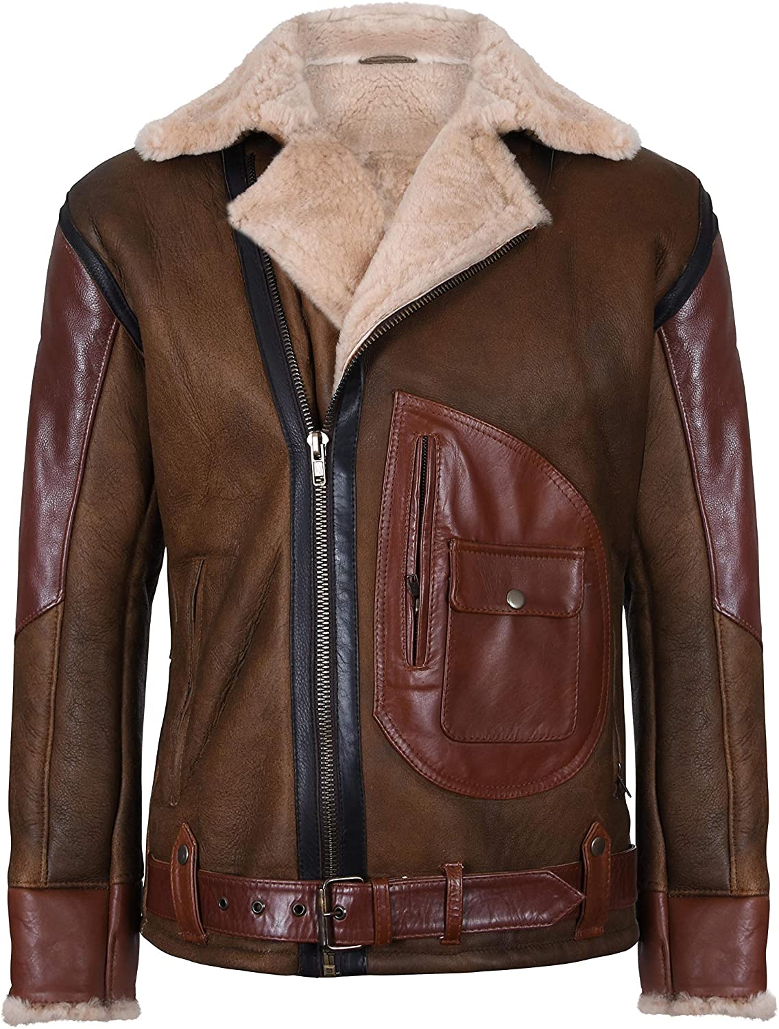 Men’s Brown Crossover B3 Sheepskin Aviator Flying Leather Biker Jacket