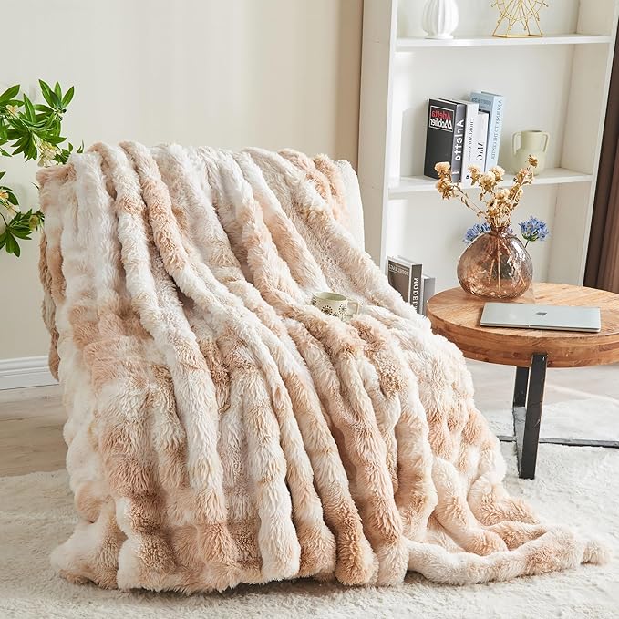 RYNGHIPY Faux Rabbit Fur Bed Throws Fluffy Warm Throw Blanket for Sofa Couch Soft Plush Decorative Blanket Thick and Heavy Cute Bubble Furry Blanket (Light Tan, 51''x63'')