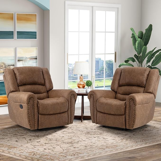 CANMOV Leather Recliner Chair, Classic Breathable Manual Recliner Chair with Comfortable Arm and Back Single Sofa for Living Room, Camel