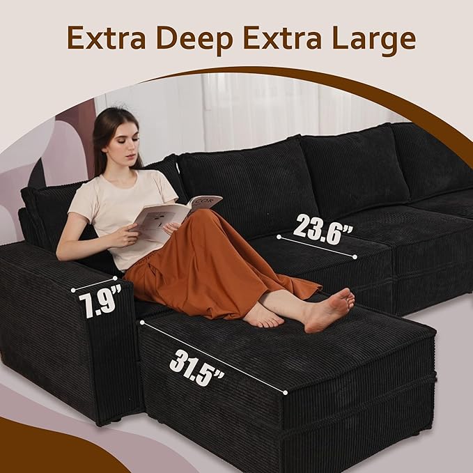 HOOOWOOO Modular Sectional Couch Sofa,128X61 U L Shaped Oversized Couch Sets Free Combination,6 Pieces Extra Deep Sofa with Ottomans for Living Room(Black Corduroy)