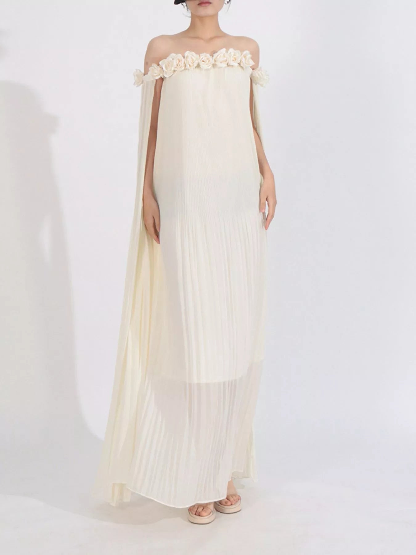 Off-Shoulder Floral Pleated Maxi Dress