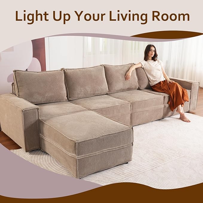 HOOOWOOO Modular Sectional Couch Sofa,128X61 U L Shaped Oversized Couch Sets Free Combination,6 Pieces Extra Deep Sofa with Ottomans for Living Room(Camel Corduroy)