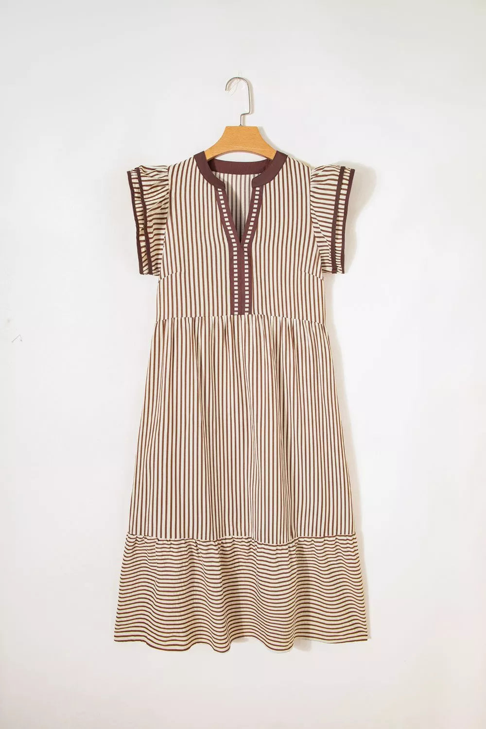 Stripe Plus Size Slit V Neck Tiered Flutter Sleeve Dress