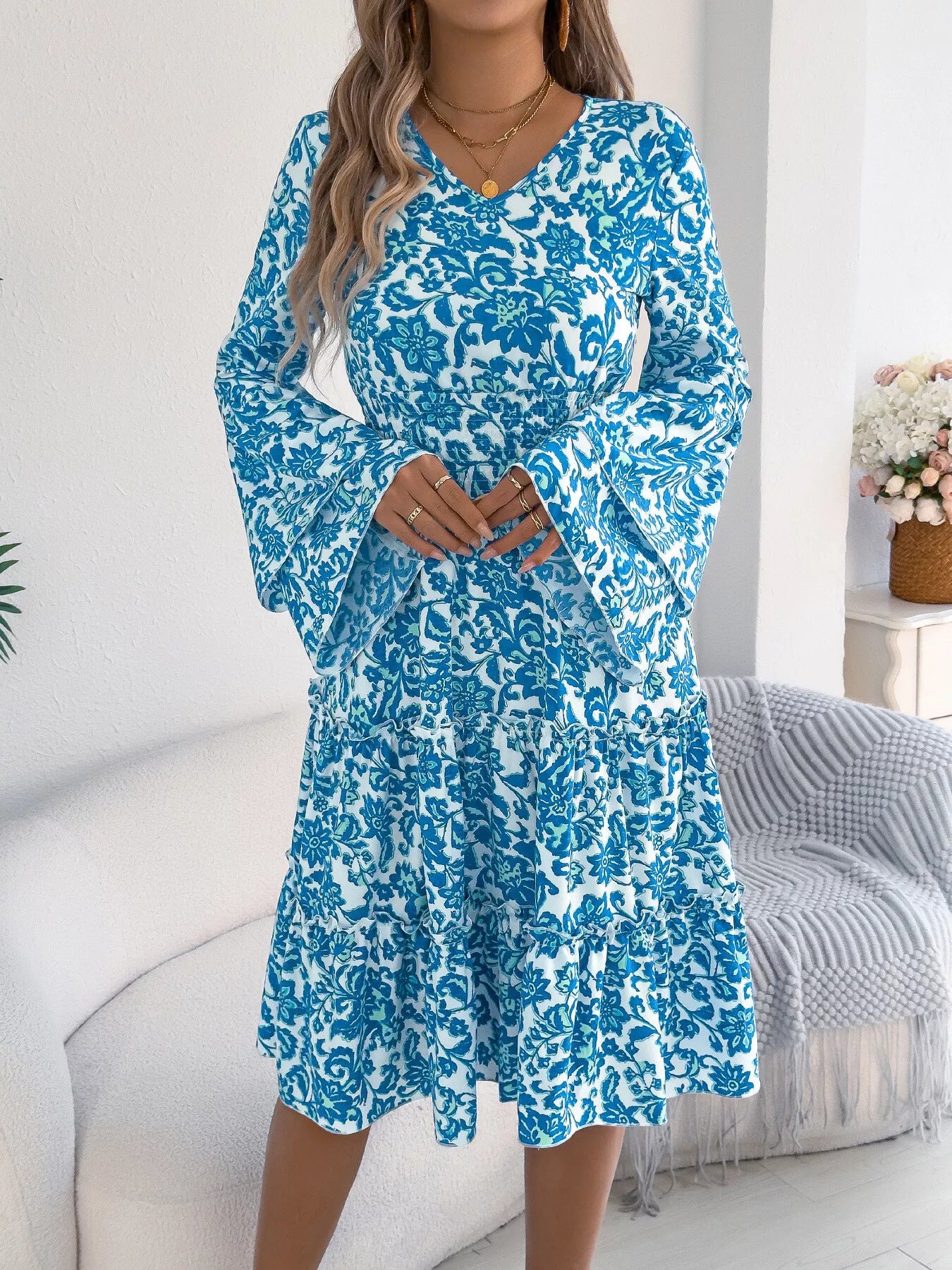 Floral Print Smocked Ruffle Hem Flared Sleeve Dress