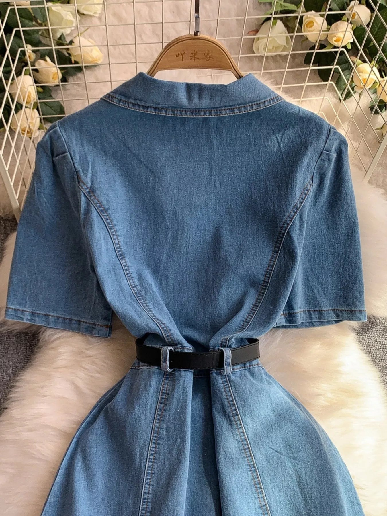 Button Front Short Sleeve Denim Dress