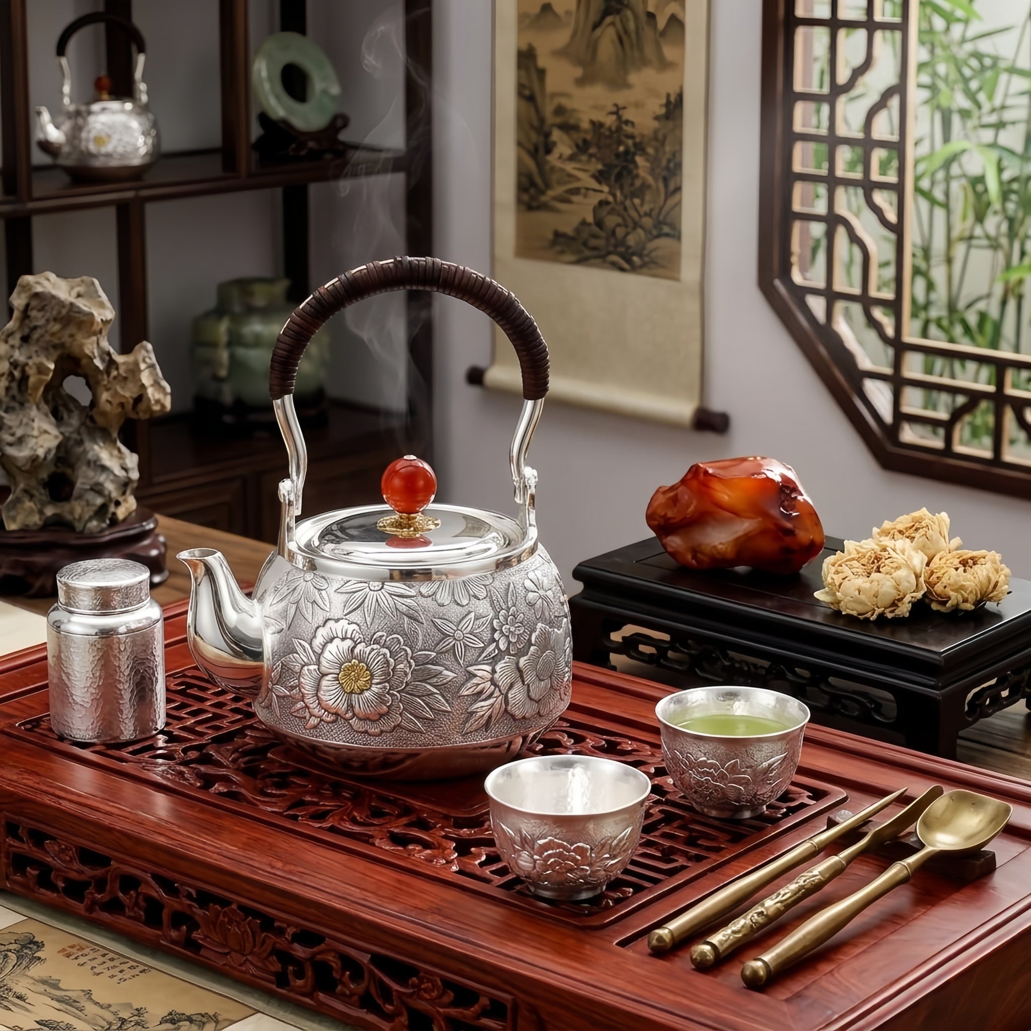 925 Sterling Silver Handcrafted Silver Floral Teapot with Red Agate Knob and Woven Handle - Handicraft
