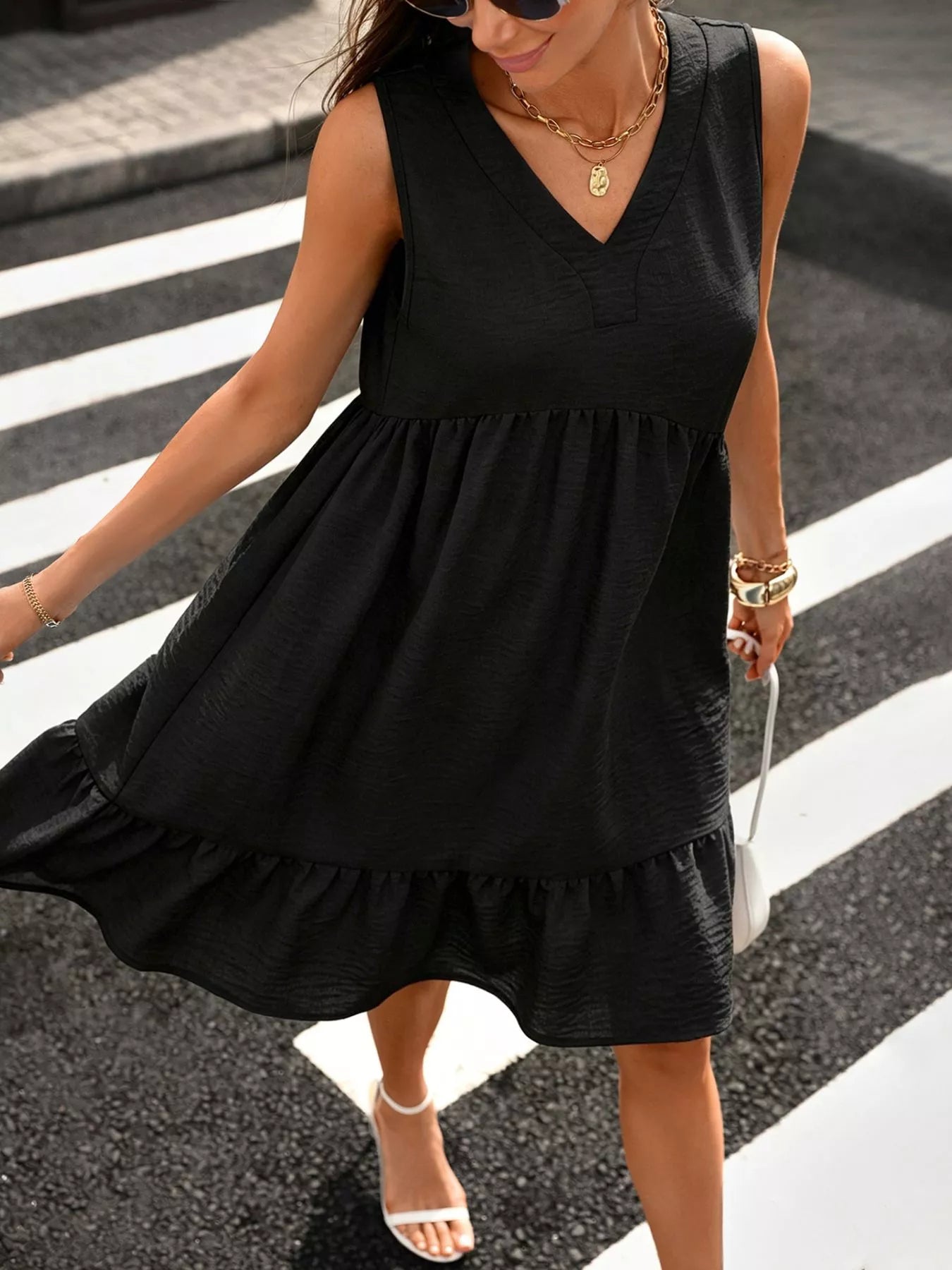 Sleeveless V-Neck Ruffle Hem Casual Dress