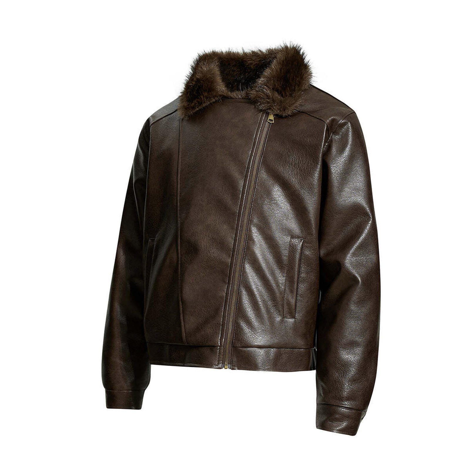 Fur-lined leather jacket motorcycle puffer coat
