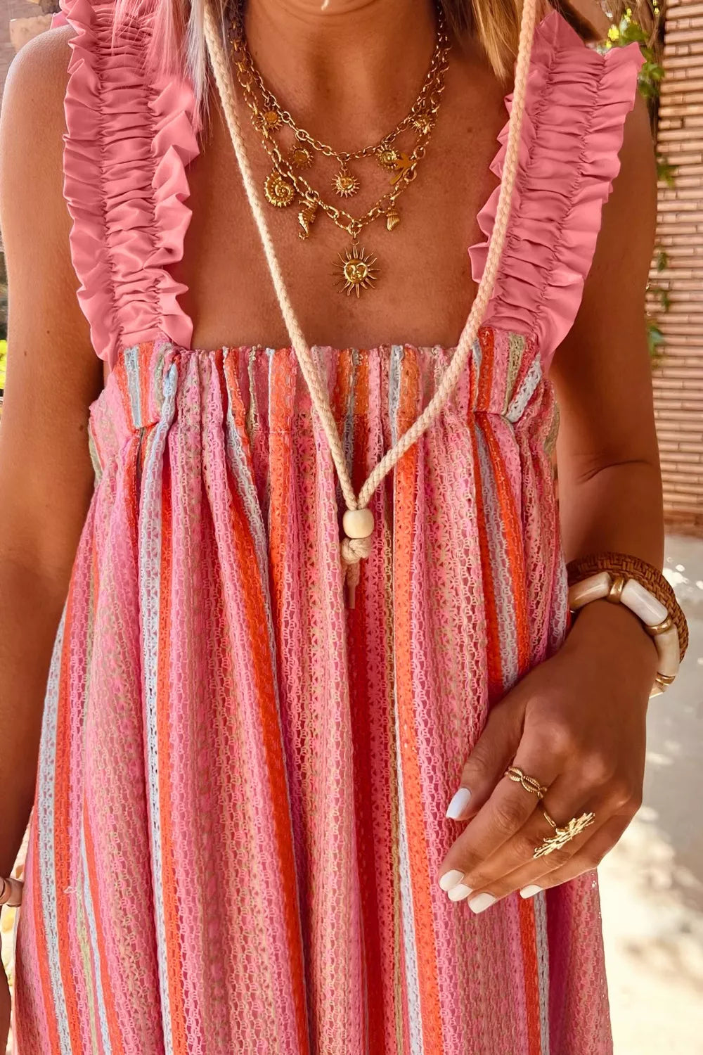 Stripe Ruffled Straps Ribbon Knot Flowy Vacation Maxi Dress