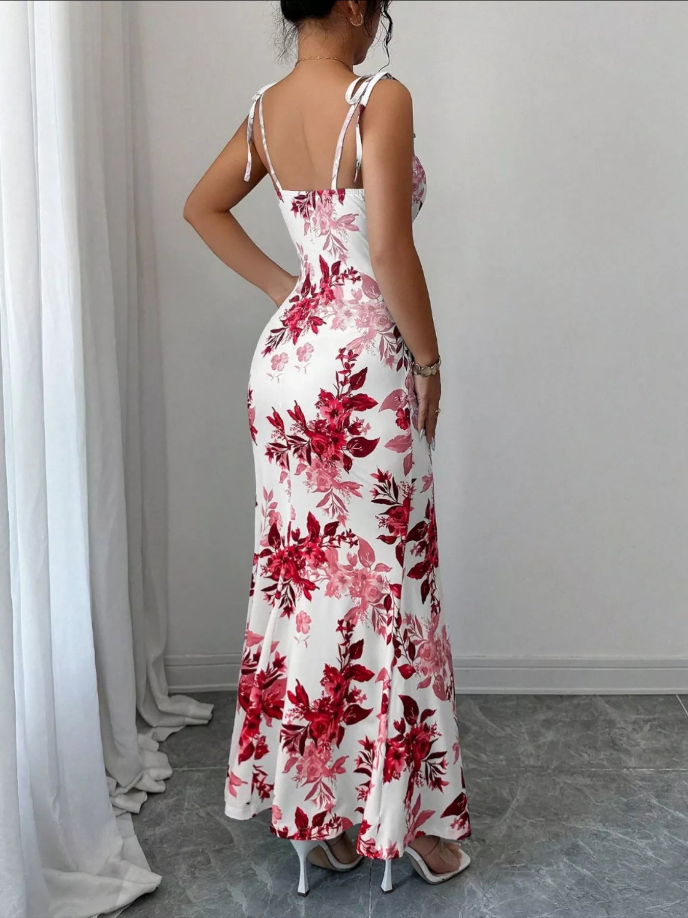 Printed Tie Strap Slit Maxi Dress