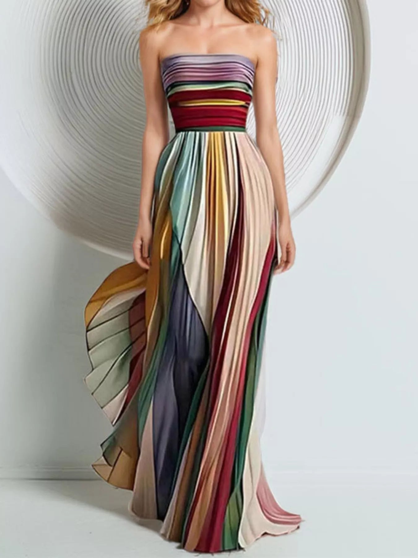 Striped Pleated Tube Maxi Dress