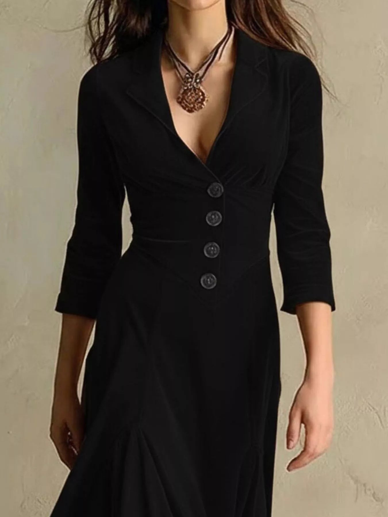 Velvet Button Front 3/4 Sleeve Maxi Dress