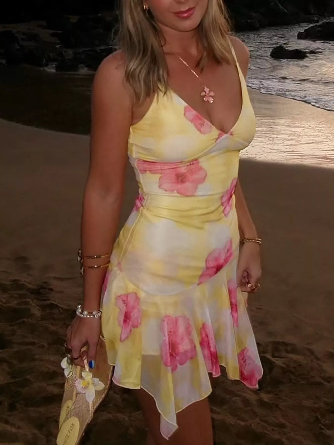 Sheer Floral Print Sleeveless Asymmetrical Mini Dress