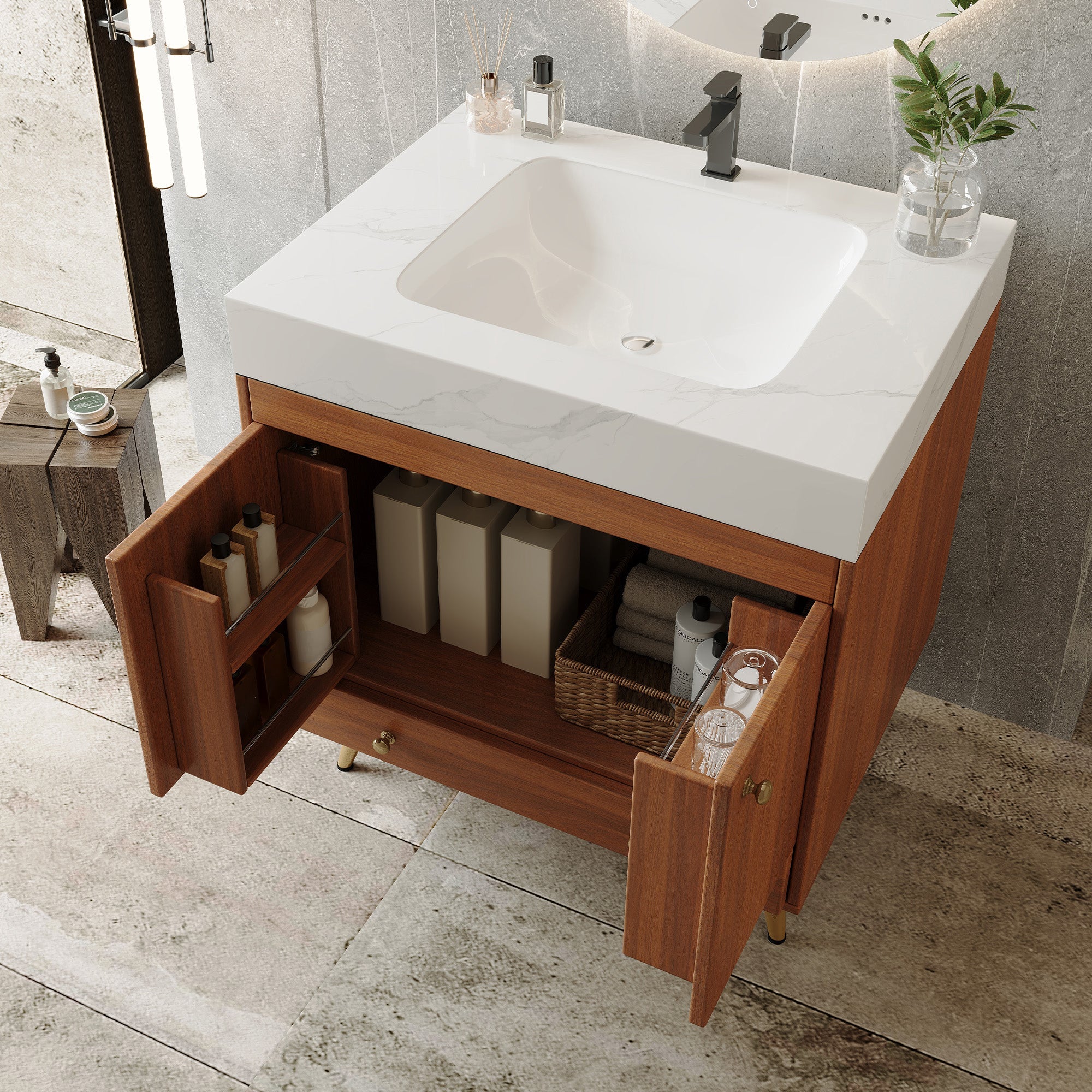 Mid-Century Freestanding Bathroom Vanity with Faux Marble Top