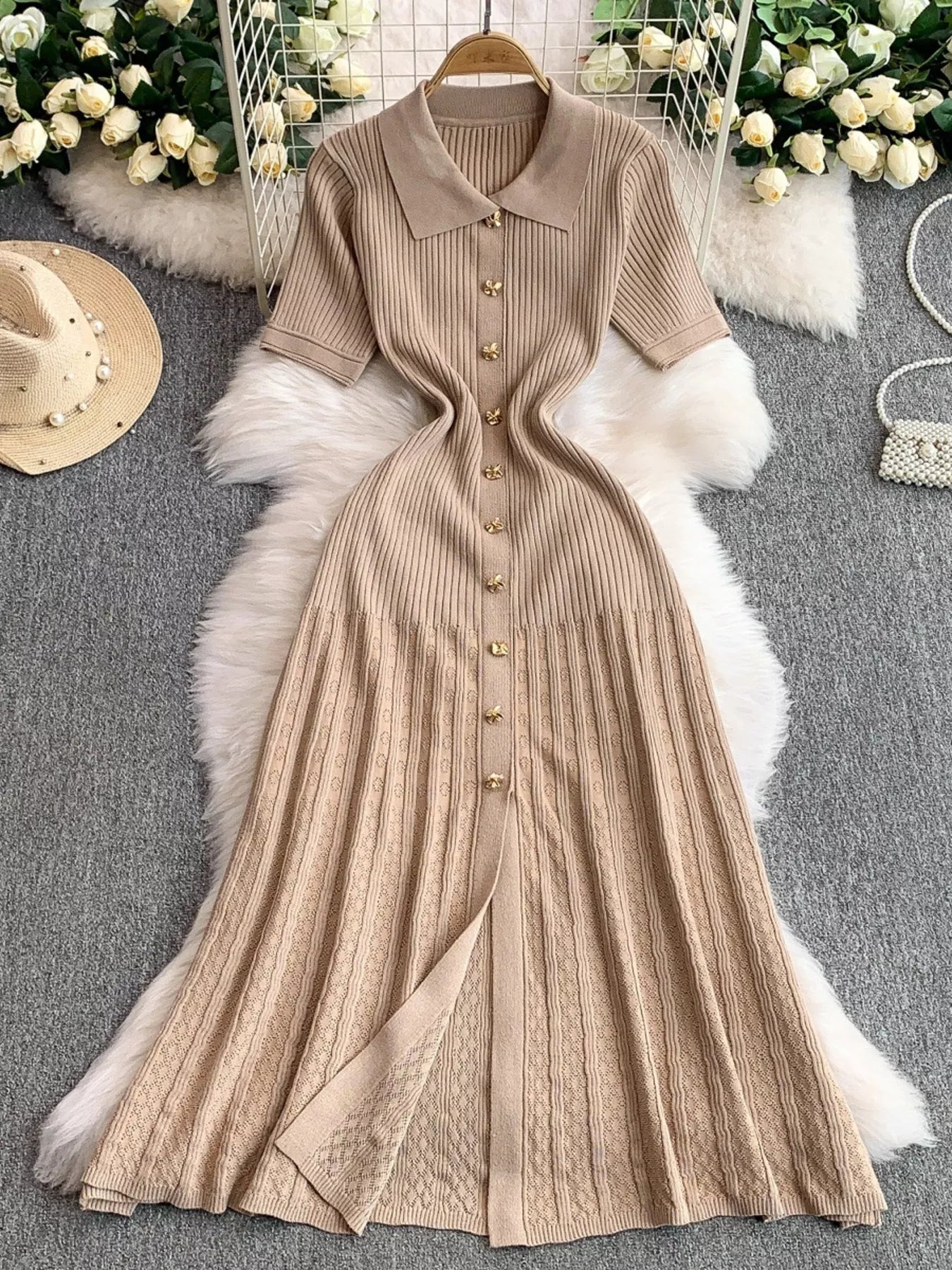 Button Front Ribbed Knit Midi Dress