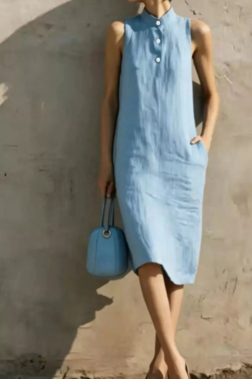 Casual Sleeveless Button Detail Midi Dress