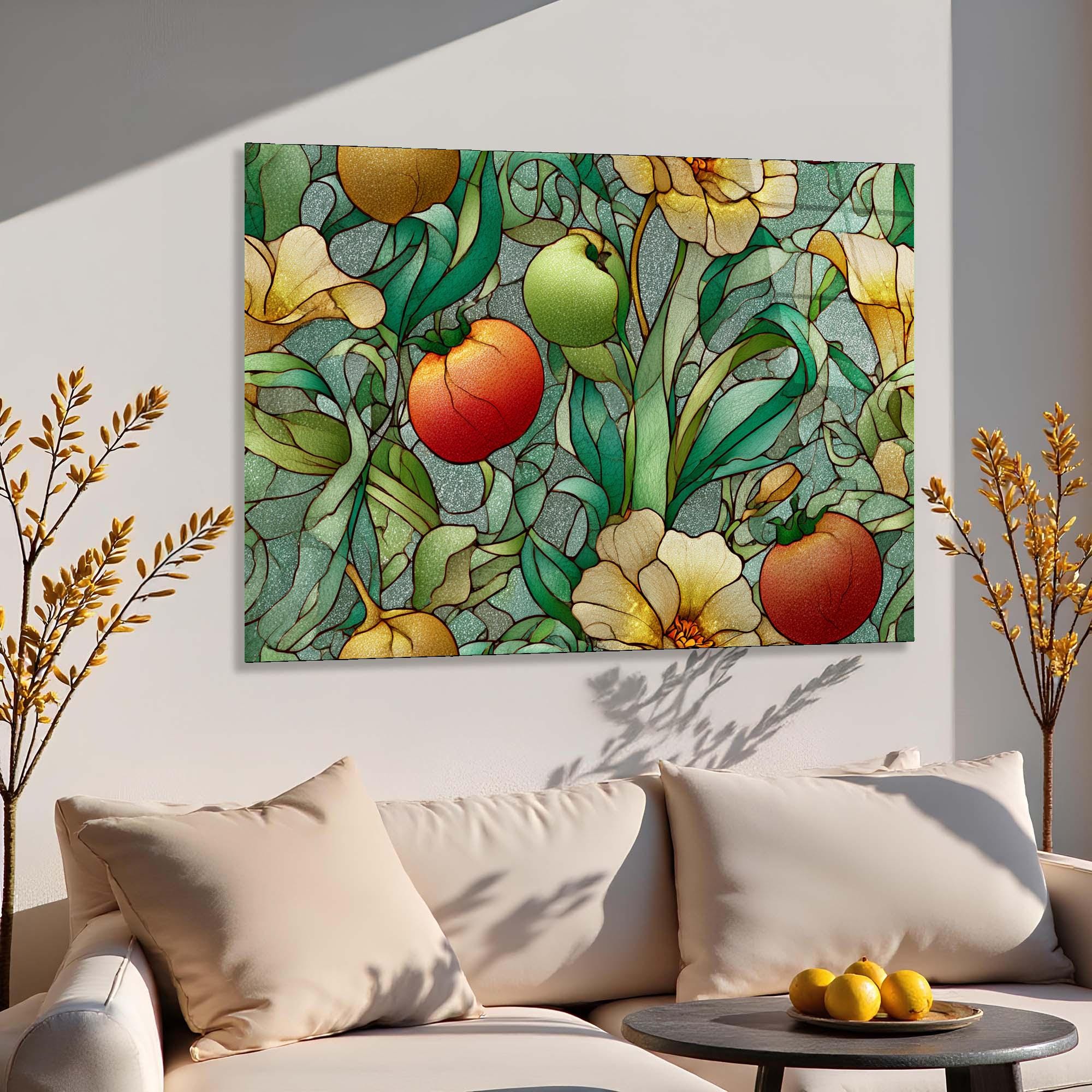 Stained Glass Look Fruits Tempered Glass Wall Art | Botanical Kitchen & Dining Room Glass Wall Décor