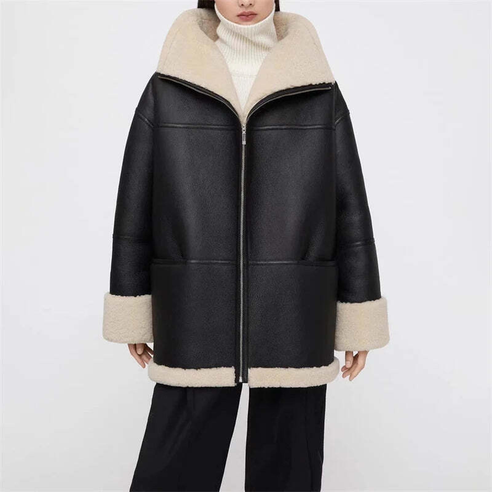 Autumn and winter New women's Cashmere collar composite leather jacket y2k high Quality ComfortableWarm Casual HighCollar Jacket