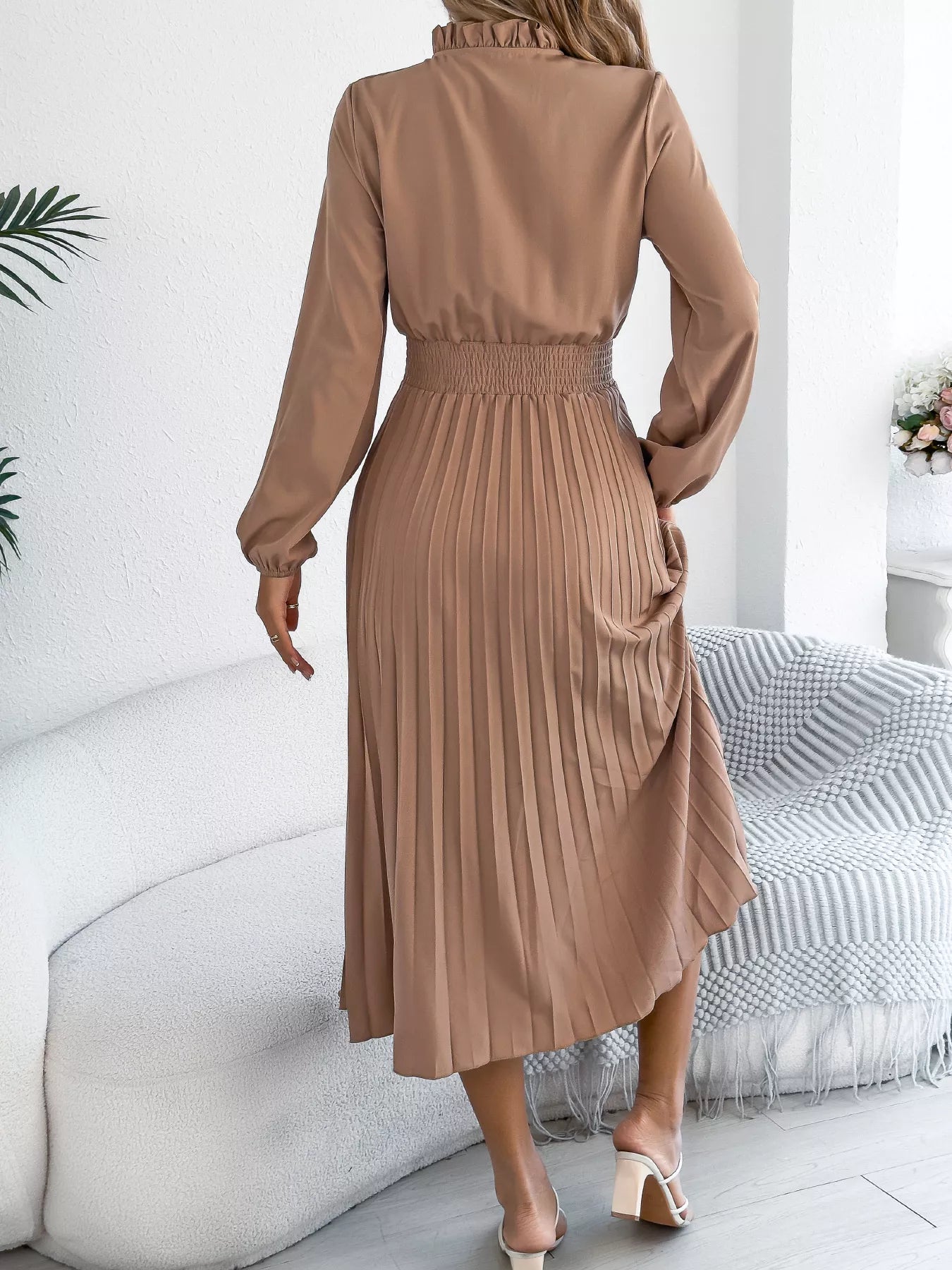 Smocked Pleated Tie Neck Dress