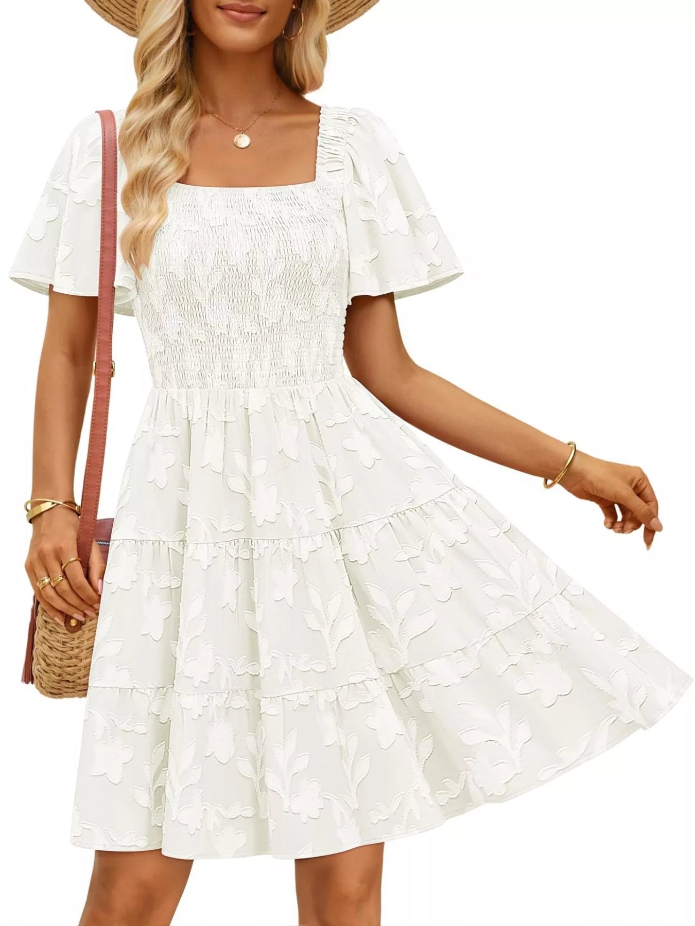 Smocked Square Neck Tiered Mini Dress