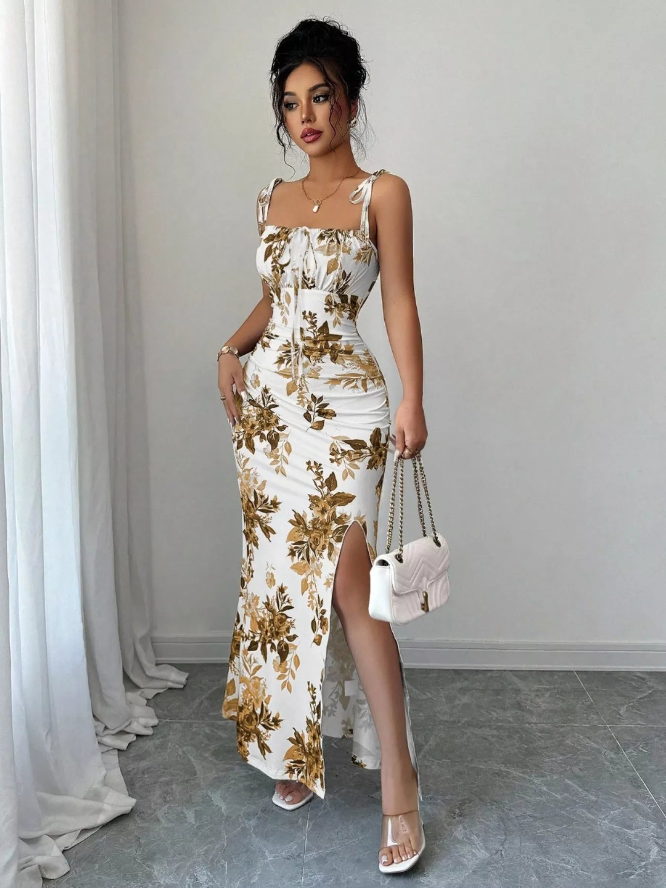 Printed Tie Strap Slit Maxi Dress