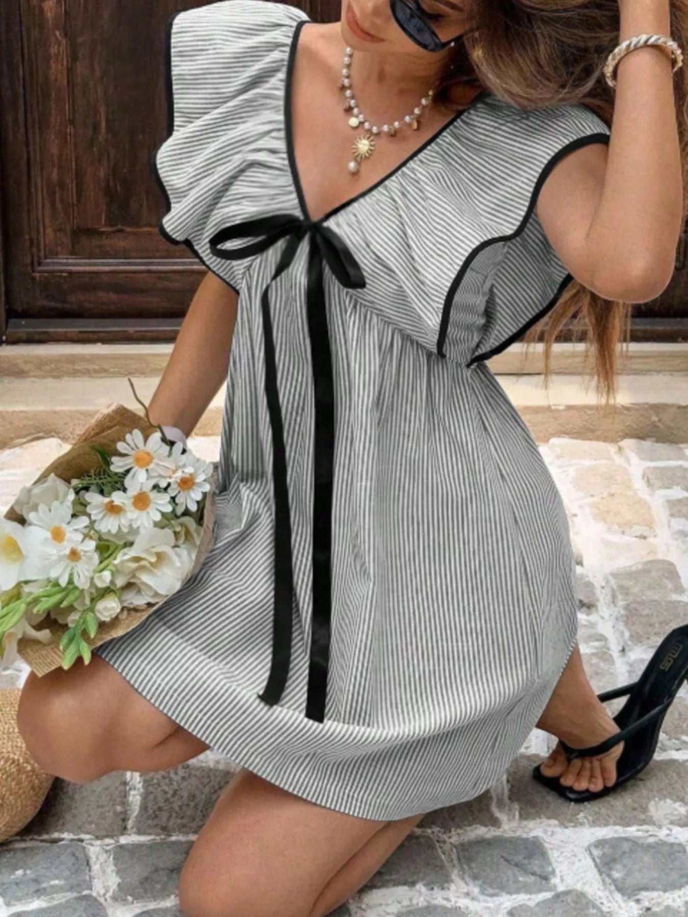 Striped Ruffle Sleeve Mini Dress