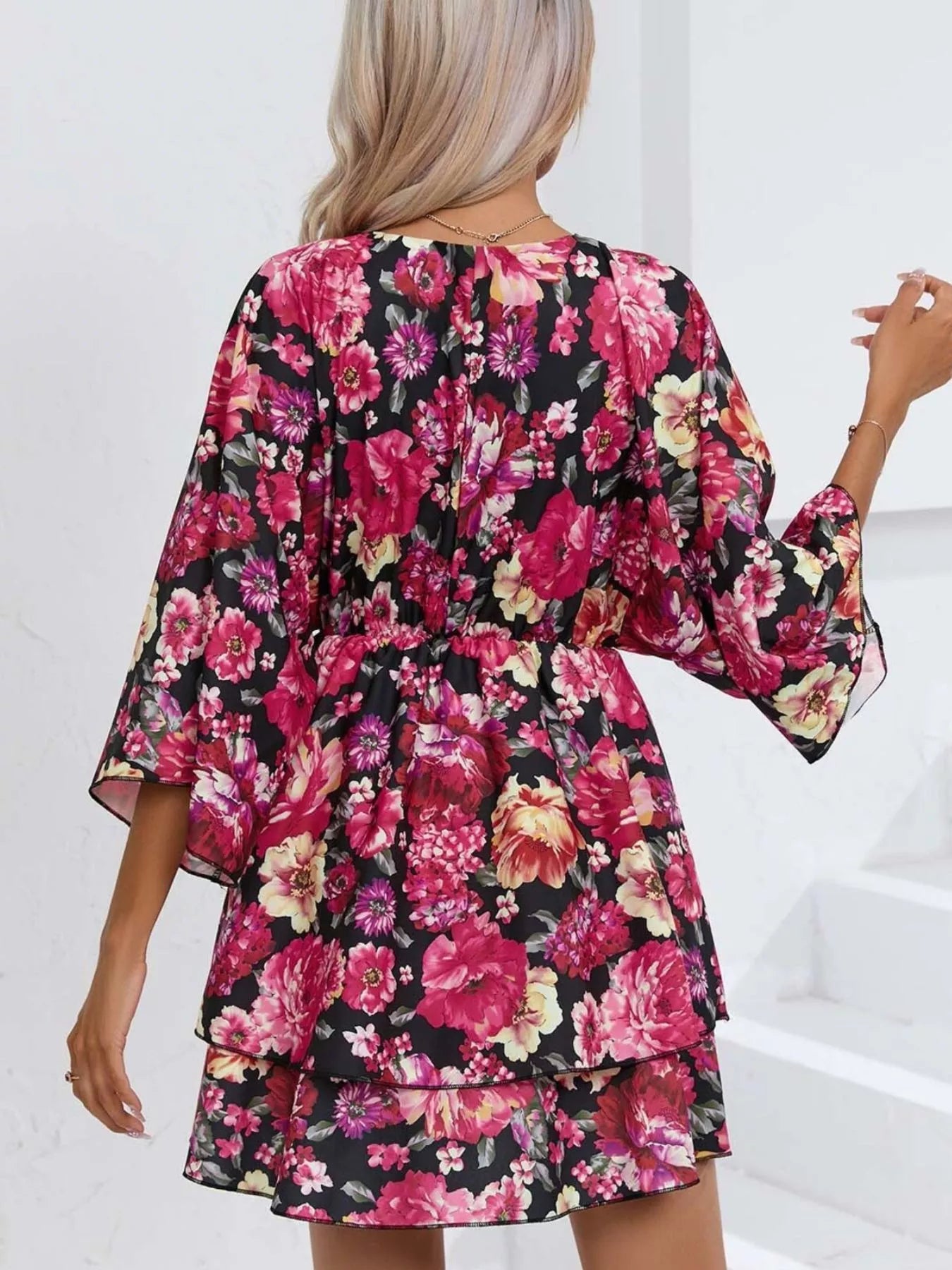 Floral Print Layered Ruffle Hem Mini Dress