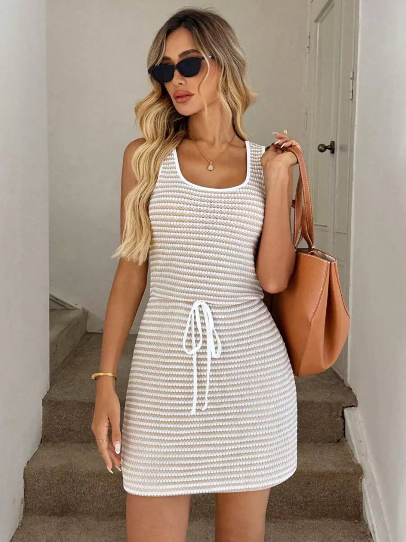 Striped Knitted Mini Dress with Drawstring
