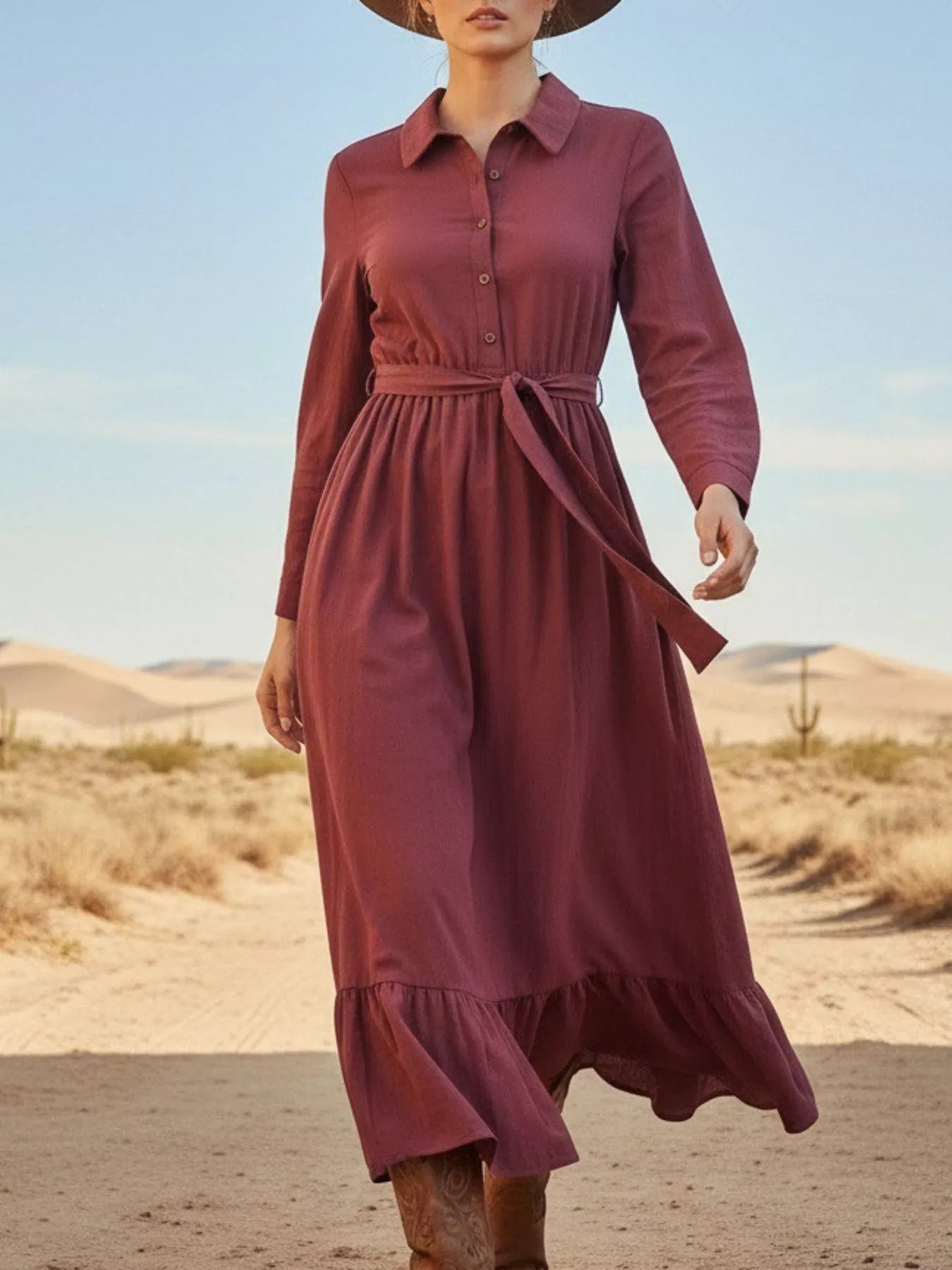Tie Waist Long Sleeve Ruffled Hem Dress